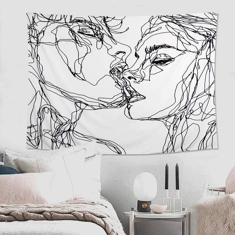 Ruibo Women/Men Abstract Sketch Art Kiss Lovers Tapestry/Kissing Tapestry Wall Hanging Black and White Line Art Tapestry, Beach Throw(RB-K-2)(W:59" H:51")