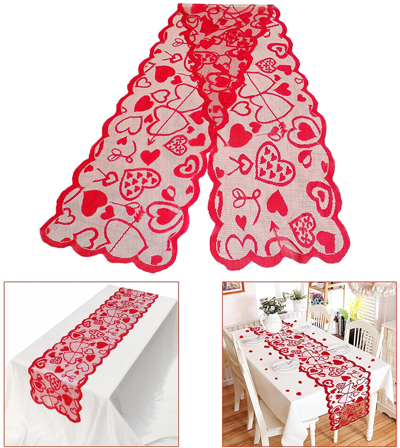 QIUFSSE 13X72 in Valentines Table Runner Valentines Day Decorations Lace Love Table Runner for Home Wedding Party（Double Heart） Home & Garden > Decor > Seasonal & Holiday Decorations QIUFSSE Set-B  