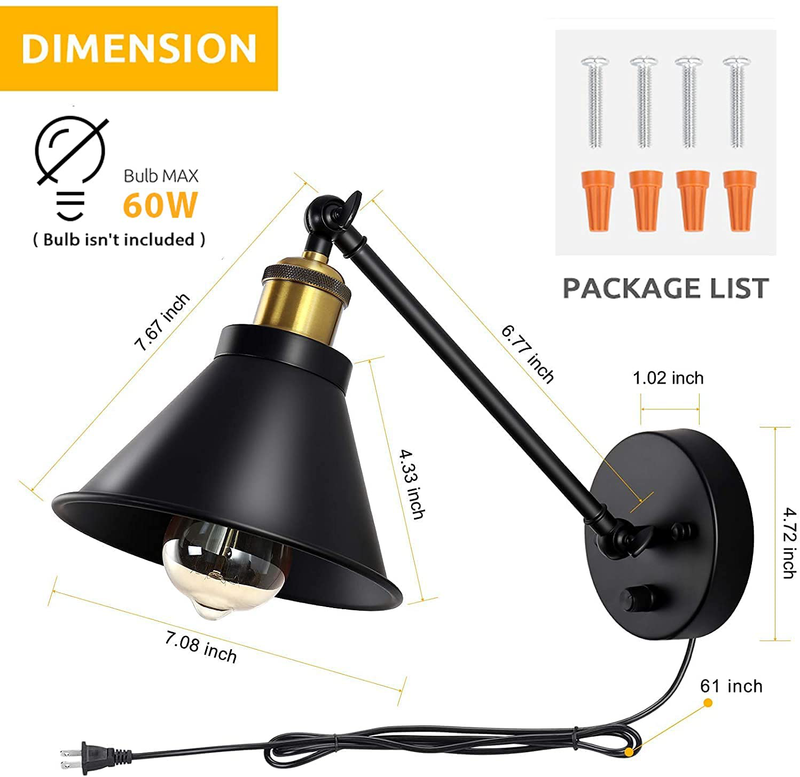 HAITRAL Sconces Wall Lighting-Dimmable Swing Arm Wall Lamps with On/Off Switch & Plug in Wall Mounted Lamps, Wall Sconces Set of 2 for Bedroom,Bedside,Living Room,Dorm- Black&Brass (Without Bulbs) Home & Garden > Lighting > Lighting Fixtures > Wall Light Fixtures KOL DEALS   