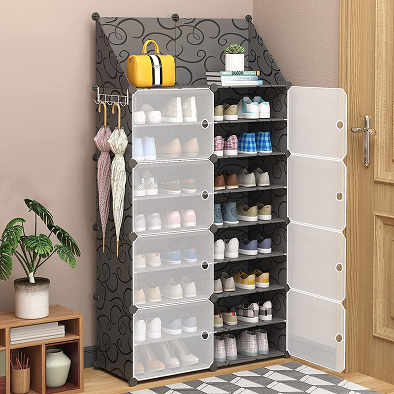 Shoe Rack Storage Cabinet with Doors, Key Holder, Portable Shoes Organizer, Expandable Standing Rack, Storage 32-64 Pairs Shoes, Boots, Slippers (2X8 Tier) (Black) Furniture > Cabinets & Storage > Armoires & Wardrobes Jomifin   