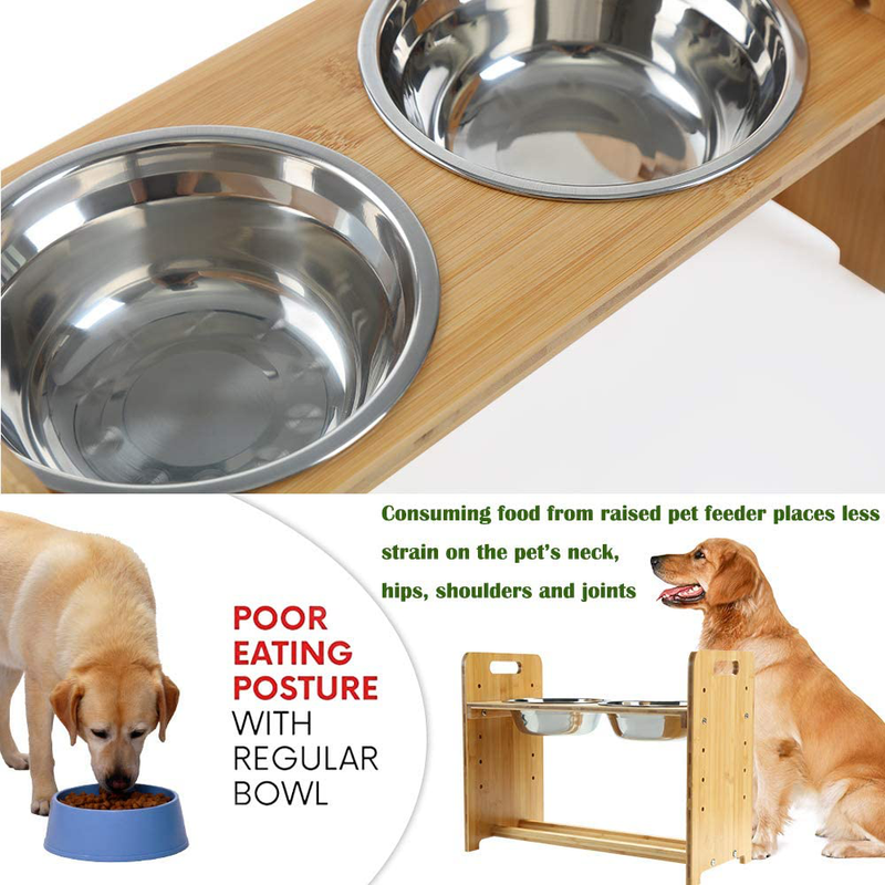 FOREYY Adjustable Raised Pet Stand for Cats and Dogs with 4 Bowls, Bamboo Elevated Dog Cat Food and Water Bowls Stand Feeder with 4 Stainless Steel Bowls and Anti Slip Feet