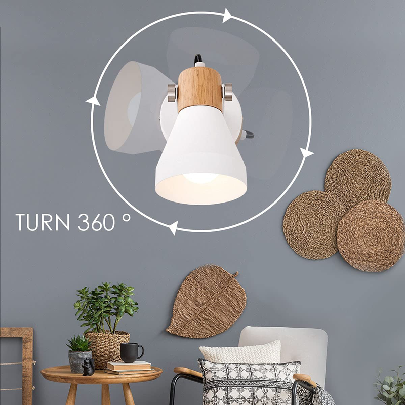Modern Wooden White Metal Wall Lamp, Plug in Wall Sconce with On/Off Switch, E26 Base, Suitable for TV Wall, Hotel, Bedroom, Living Room