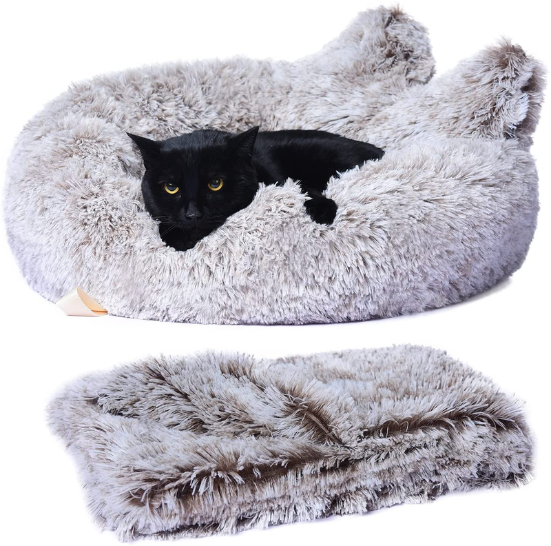 Lazy Rabbit Upgrade Cat Bed+Blanket for Indoor Cats, Fluffy Calming Self Warming round Cushion（20 Inch, 24 Inch , Machine Washable, Non-Slip, Gradual Color Animals & Pet Supplies > Pet Supplies > Cat Supplies > Cat Beds Lazy Rabbit Gradual white coffee 20 inch bed+blanket 