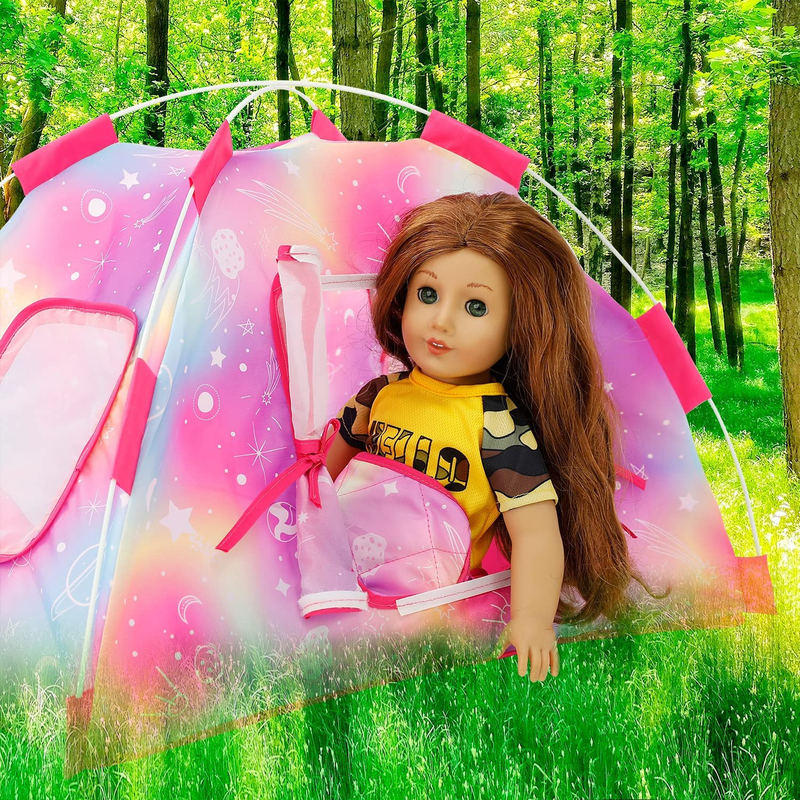 HOAKWA American 18 Inch Girl Dolls Camping Tent Accessories Set - Include Doll Camping Tent, Doll Hammock Bed, Sleeping Bag, Camera, Backpack, Toy Dog - 6 Items Fits My Life, Generation, Journey Dolls Sporting Goods > Outdoor Recreation > Camping & Hiking > Tent Accessories HOAKWA   