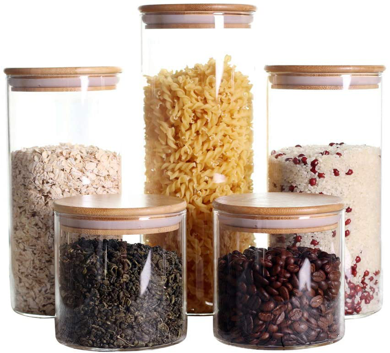 Stackable Kitchen Canisters Set, Pack of 5 Clear Glass Food Storage Jars Containers with Airtight Bamboo Lid for Candy, Cookie, Rice, Sugar, Flour, Pasta, Nuts Home & Garden > Kitchen & Dining > Food Storage LEAVES AND TREES Y 3.9 Inch Wide  
