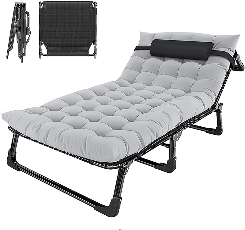Portable Folding Camping Cot, Adjustable 4-Position Adults Reclining Folding Chaise with Pillow, Outdoor Portable Folding Lounge Chair Sleeping Cots Bed, Perfect for Camping, Pool, Beach, Patio