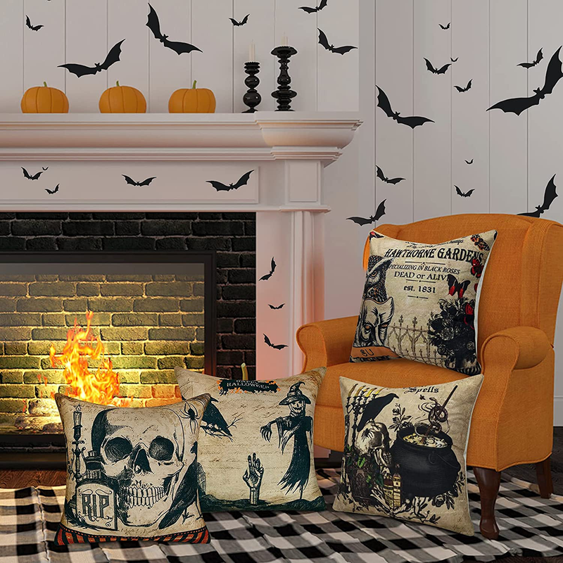 Halloween Pillow Covers 18x18 Set of 4, Vintage Halloween Decorations Owl Crow Skull Halloween Holiday Throw Pillow Covers Pillowcases for Halloween Home, Bedroom, Sofa, Couch Decor Arts & Entertainment > Party & Celebration > Party Supplies Ouddy   