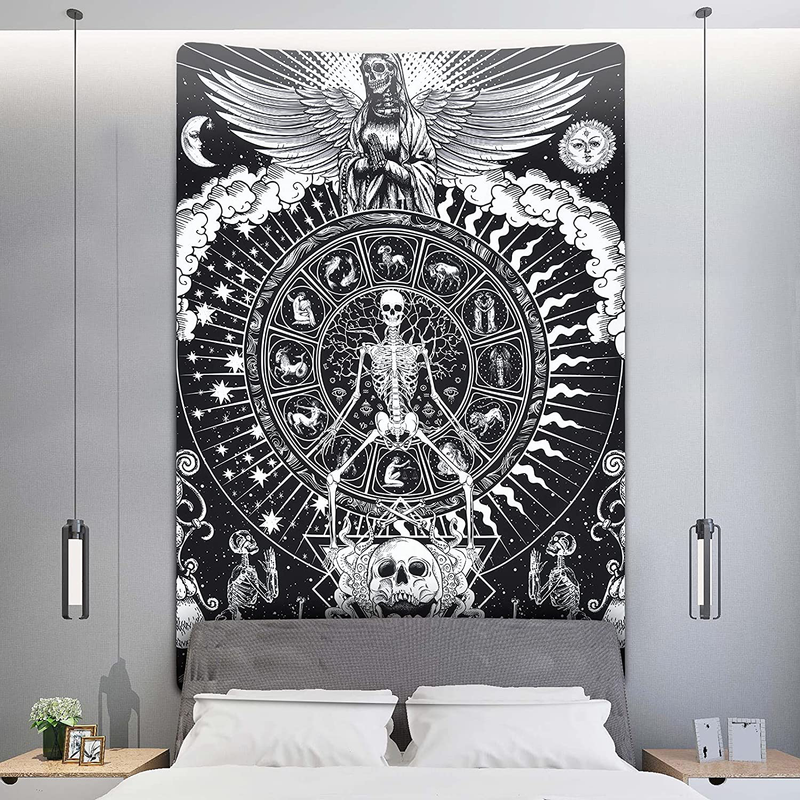 Skull Tapestry Meditation Skeleton Tapestry Angel Skull Stars Tapestry Sun Moon Tapestry 12 Constellation Tapestry Black and White Wall Hanging for Room (51.2 x 59.1 inches) Home & Garden > Decor > Artwork > Decorative Tapestries Livole   