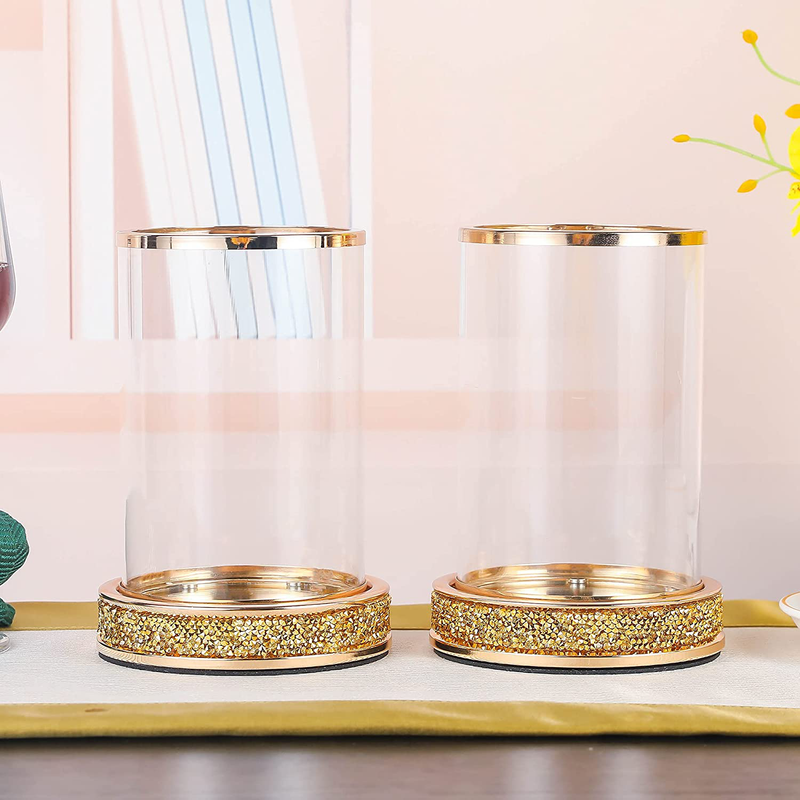 Pillar Candle Holders,Candlesticks Holder with Glass Hurricane Lid,Metal Candle Holder for Coffee Dining Table, Wedding, Christmas, Halloween, Home Decoration 2 Pieces a Set Gold YL001G