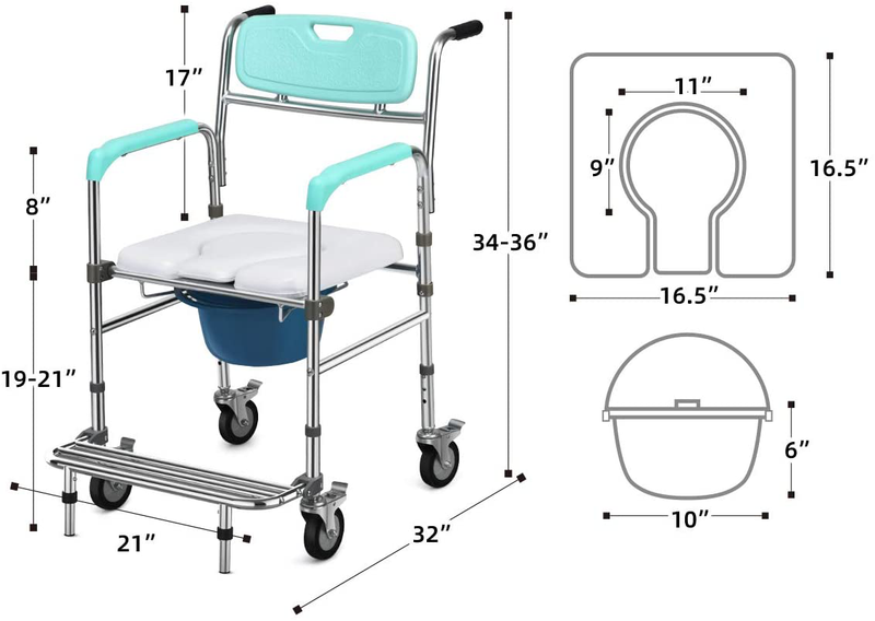 Giantex 3 in 1 Lightweight Shower Commode Wheelchair, Transport Bedside Commode with Wheels, Wheelchair Height and Pedal Adjustable, Shower Wheelchair for Elder, Disabled People (Turquoise & White)