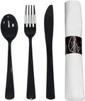 Party Essentials Party Supplies Wrapped Silverware Set Disposable, Pre Rolled Napkin and Cutlery, 50 Units, Spoons/Forks/Knives Black