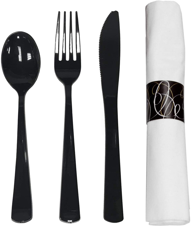 Party Essentials Party Supplies Wrapped Silverware Set Disposable, Pre Rolled Napkin and Cutlery, 50 Units, Spoons/Forks/Knives Black Home & Garden > Kitchen & Dining > Tableware > Flatware > Flatware Sets NorthWest Enterprises Spoons/Forks/Knives Black 50 Units 