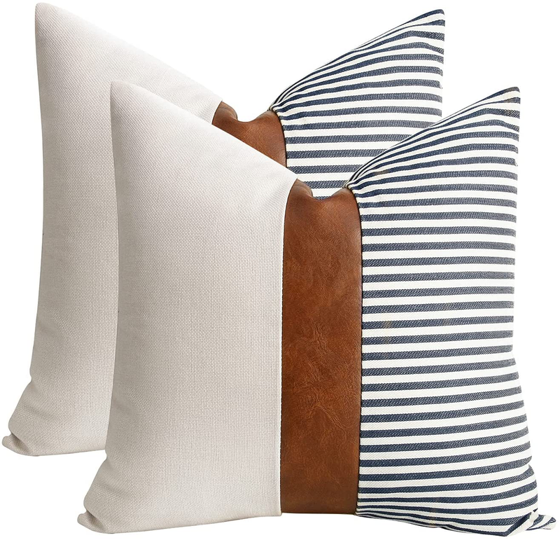 Cygnus 20X20 Pillow Covers Set of 2 Farmhouse Decor Stripe Patchwork Linen Throw Pillow Covers Modern Faux Leather Cushion Covers for Couch Sofa,Black Home & Garden > Decor > Chair & Sofa Cushions cygnus Navy Blue 16x16 inch 