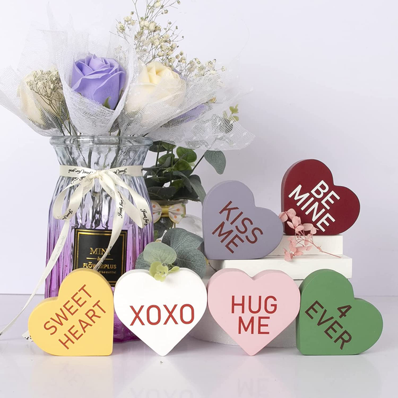 DAZONGE Valentine Decorations, 6PCS Valentine Tiered Tray Decor - Heart Wooden Signs with Loving Words, Freestanding Heart Shape Signs for Valentines Decor, Wedding