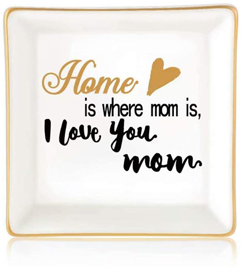 Gifts for Women Girls, Ceramic Ring Dish Decorative Trinket Plate Initial Jewelry Tray Dish, Mothers Day Valentines Gifts for Her Grandma Mom Daughter Sister Friend Birthday Home & Garden > Decor > Decorative Trays Giftjews Home is where mom is,I love you mom  