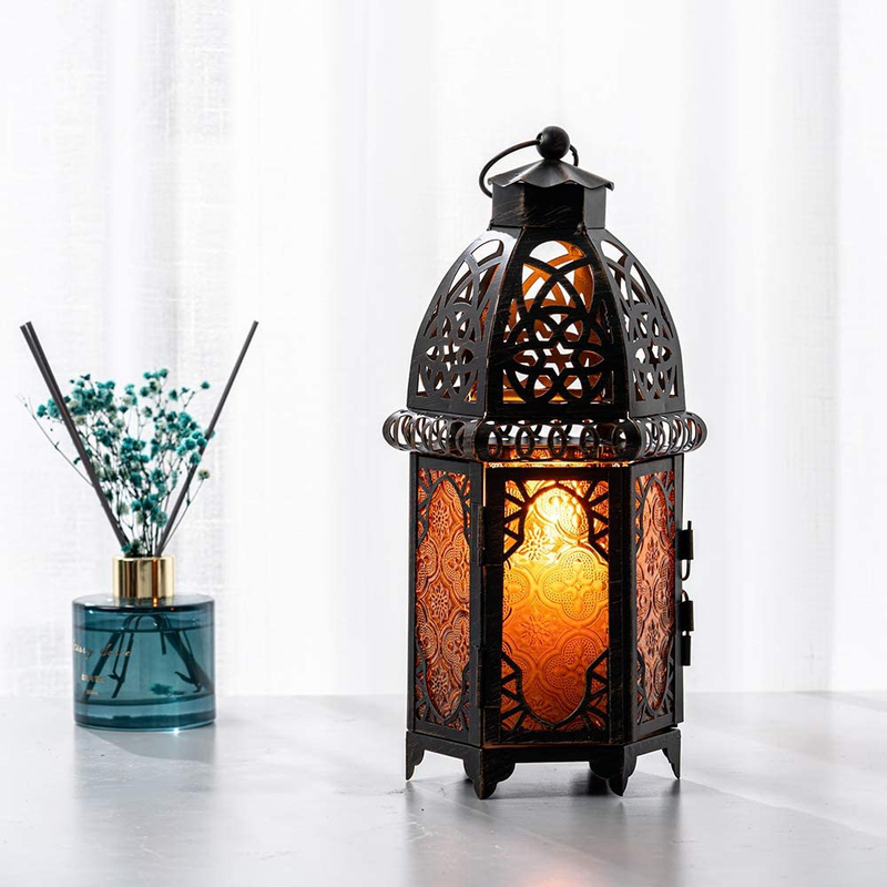 DECORKEY Vintage Large Size Candle Lantern, 12.8inch Moroccan Style Decorative Hanging Lantern, Metal Tabletop Lantern, Halloween Candle Holders for Outdoor Patio (Amber)