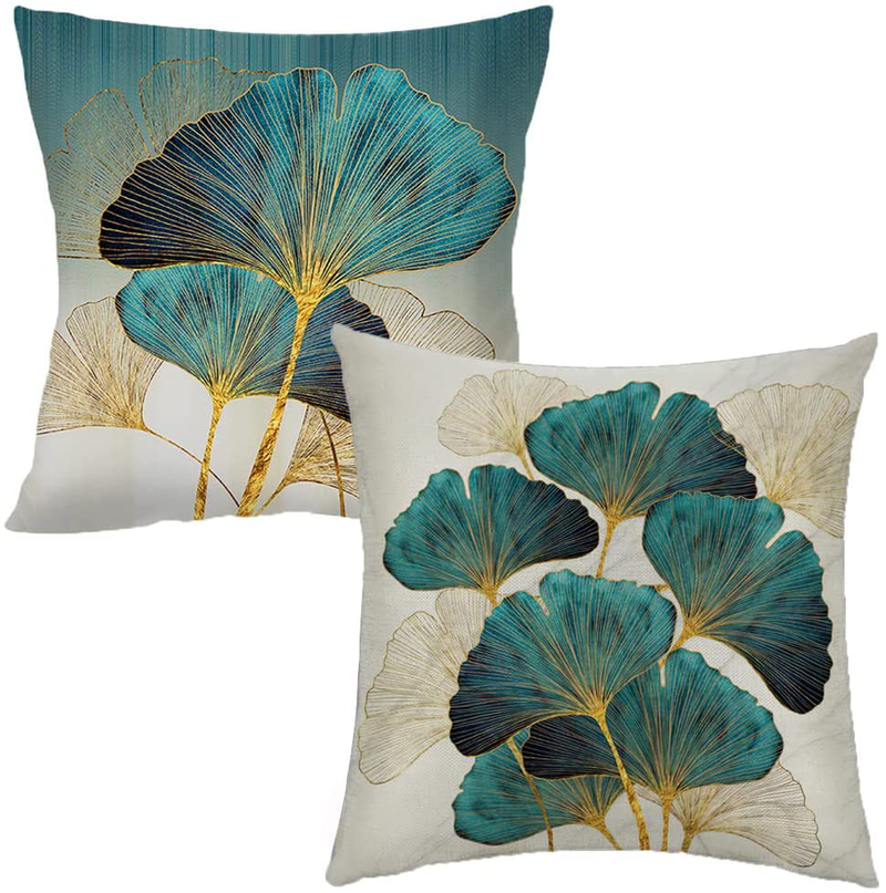 Throw Pillow Cover Plant Leaves - 18 X 18 Inch Teal Gold Pillow Cushion Cover - Set of 2 Square Hidden Zipper Cushion Case, Great for Sofa, Bedroom, Yard, Living Room Decor (Teal and Gold, 18"X18") Home & Garden > Decor > Chair & Sofa Cushions F Finerease Teal and Gold 18 x 18-Inch 