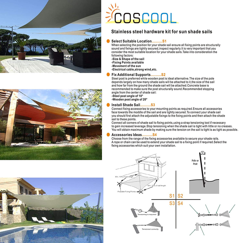 COSCOOL Sun Shade Sail Hardware Kit Stainless Steel Anti-Rust for Outdoor Patio Rectangular/Square Shade Sail Installation, 6 Inch Home & Garden > Lawn & Garden > Outdoor Living > Outdoor Umbrella & Sunshade Accessories COSCOOL   