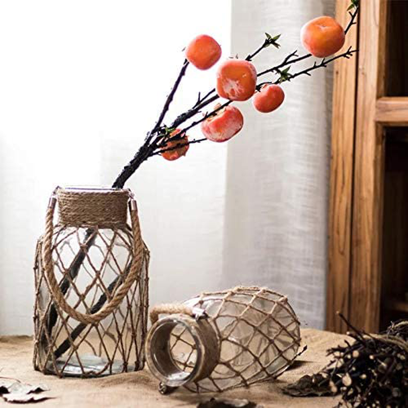 FUNSOBA Rustic Hanging Mason Jar Creative Rope Net Dry Flower Glass Vase with Handle (1 Vase 8") Home & Garden > Decor > Vases FUNSOBA   