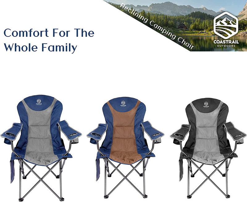 Coastrail Outdoor Reclining Camping Chair 3 Position Folding Lawn Chair for Adults Padded Comfort Camp Chair with Cup Holders, Head Bag and Side Pockets, Supports 350Lbs, Blue&Grey Sporting Goods > Outdoor Recreation > Camping & Hiking > Camp Furniture Coastrail Outdoor   