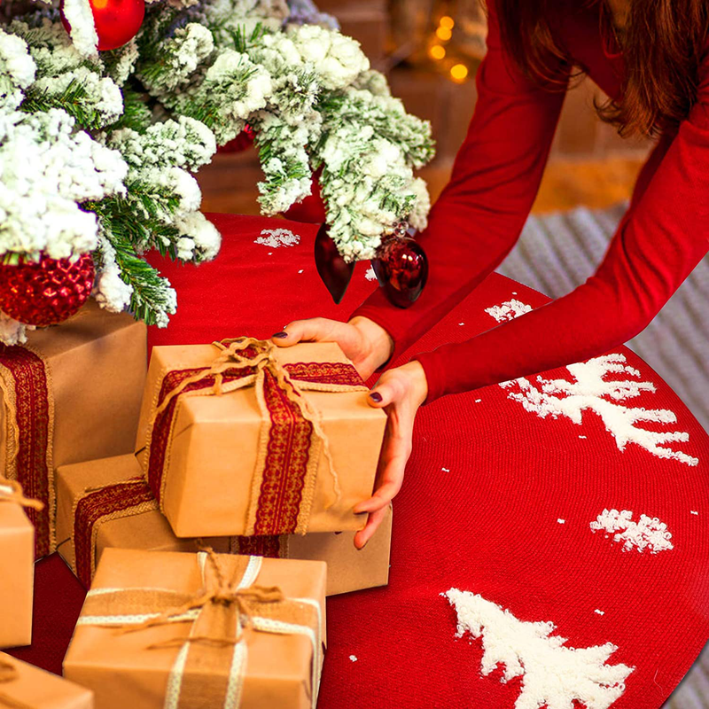 iWedn Christmas Tree Skirt 48 Inch Knit Rustic Red Xmas Tree Skirt Decoration (Deer, Trees(3D Pattern)) Home & Garden > Decor > Seasonal & Holiday Decorations > Christmas Tree Skirts iWEDN   