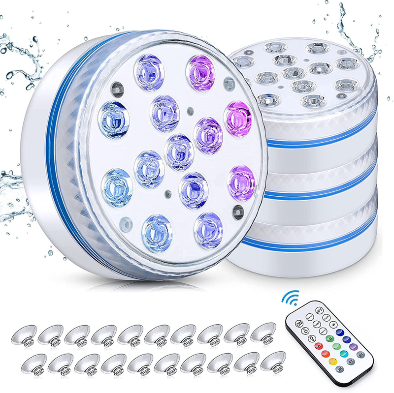 Pecsosso Submersible LED Pool Light,Upgraded IP68 Waterproof Pool Light Underwater with Remote RF, 4 Magnets,4 Suction Cups,13 Extra Bright LEDs, 16 RGB Dynamic Color (4 PCS) Home & Garden > Pool & Spa > Pool & Spa Accessories Pecosso 4-Pack  