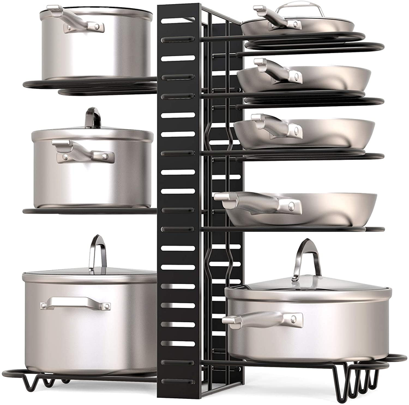 Geekdigg Pot Rack Organizer under Cabinet, 3 DIY Methods, Height and Position Are Adjustable 8+ Pots Lid Holder, Black Metal Kitchen Pantry Cookware Organizer (Upgraded Version)