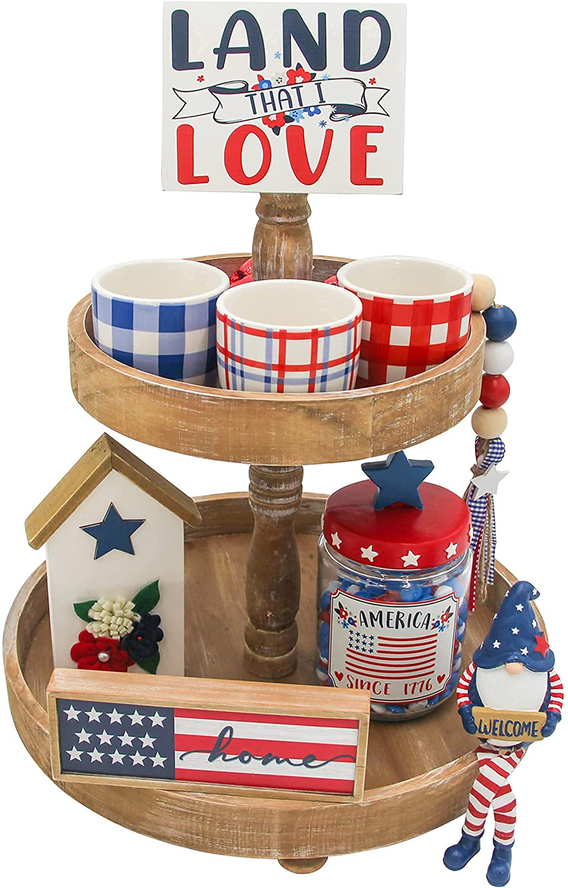 Labor Day American Decorative Tiered Tray Decor 9pc Stars and Stripes Bundle Patriotic Signs Americana Red White Blue Decorations
