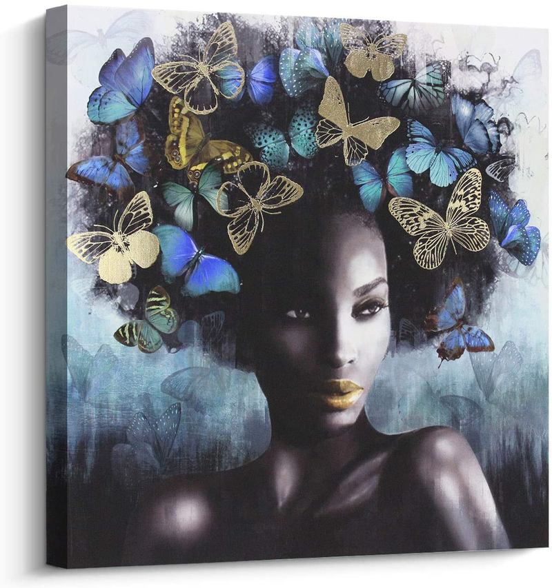 Pigort African American Wall Art Set, Black Art Afro Woman Pictures Paintings Wall Decor Canvas Print, Blue and Gold Artworks Home Decoration (31.5 x 31.5 in, SET) Home & Garden > Decor > Seasonal & Holiday Decorations Pi Art B  