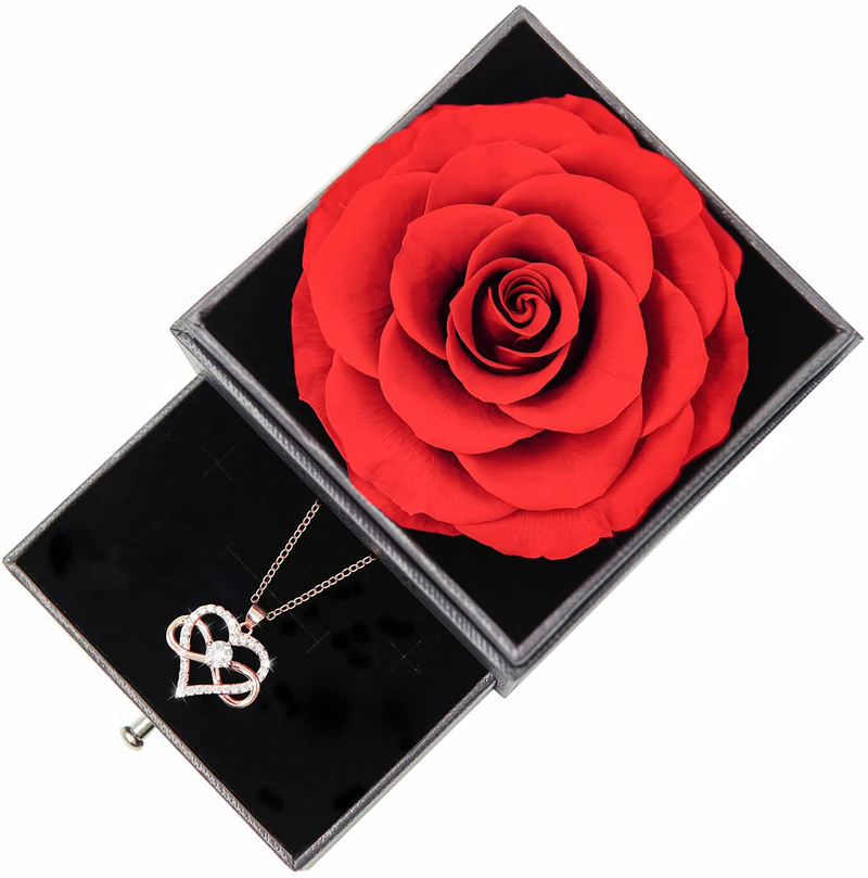 Preserved Real Rose with Infinity Heart Necklace. Forever Rose Flower Gifts for Mom Sister Girlfriend Wife Women on Valentines Day Mothers Day Anniversary Birthday Christmas (Red)