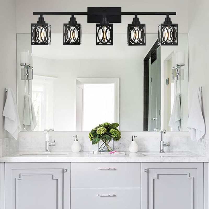 Lauxal 5 Light Wall Vanity Light Fixture Industrial Bathroom Farmhouse Wall Sconce Lighting with Metal Cage Vintage Matte Black Bath Wall Mounted Light Hallway Wall Lamp for Kitchen Living Room Mirror Home & Garden > Lighting > Lighting Fixtures > Wall Light Fixtures KOL DEALS   