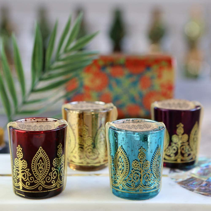Kate Aspen Indian Jewel Henna Glass Votives, Tealight Candle Holders, Wedding Decorations/Favors, Assorted Colors (Set of 4) (20177NA)