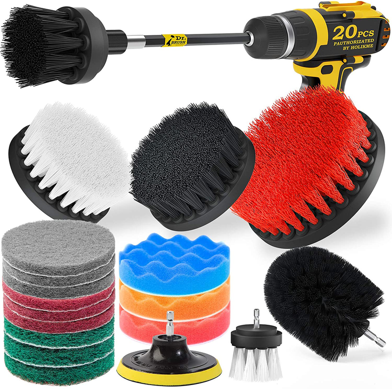 Holikme 20Piece Drill Brush Attachments Set, Scrub Pads & Sponge, Buffing Pads, Power Scrubber Brush with Extend Long Attachment, Car Polishing Pad Kit