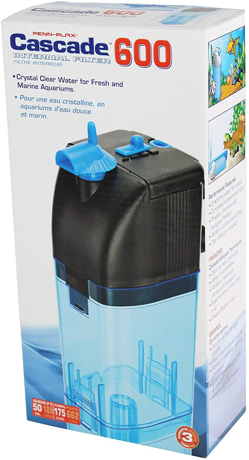 Penn-Plax Cascade 600 Submersible Aquarium Filter Cleans Up to 50 Gallon Fish Tank with Physical, Chemical, and Biological Filtration, CIF3
