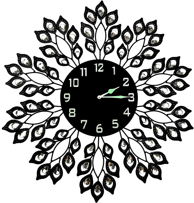Lulu Decor, 25” Crystal Leaf Metal Wall Clock, 9” White Glass Dial with Arabic Numerals, Decorative Clock for Living Room, Bedroom, Office Space Home & Garden > Decor > Clocks > Wall Clocks Lulu Decor, Inc. Black Clock/Night Dial  