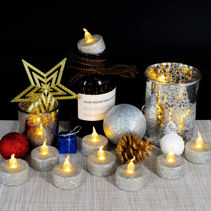 Glitter Tea Lights, Battery Operated LED Tea Lights, Silver Glitter Flameless Votive Tealights Candle, Pack of 12