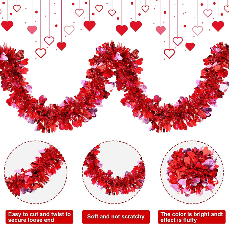MTLEE 39.4 Feet 6 Pieces Heart Tinsel Garland Valentine'S Day Metallic Red Tinsel Twist Garland Hanging Garland Decoration for Valentine'S Day Indoor and Outdoor Decorations (Nice Style) Home & Garden > Decor > Seasonal & Holiday Decorations MTLEE   