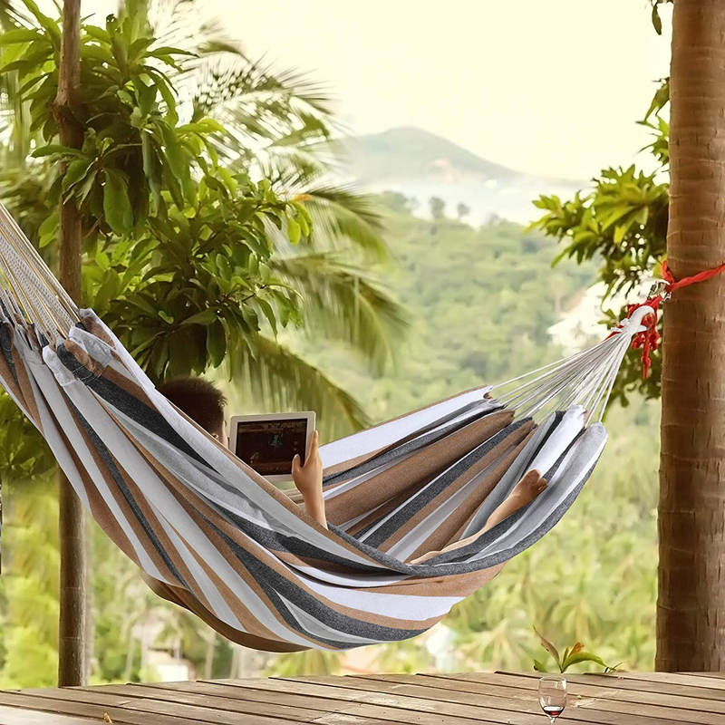 ROOITY Double Hammock Brazilian Hammocks with Portable Carrying Bag,Soft Woven Fabric, Up to 450 Lbs Hanging for Patio,Trees,Garden,Backyard,Porch,Outdoor and Indoor XXX-Large Brown&Grey Stripe Home & Garden > Lawn & Garden > Outdoor Living > Hammocks ROOITY   