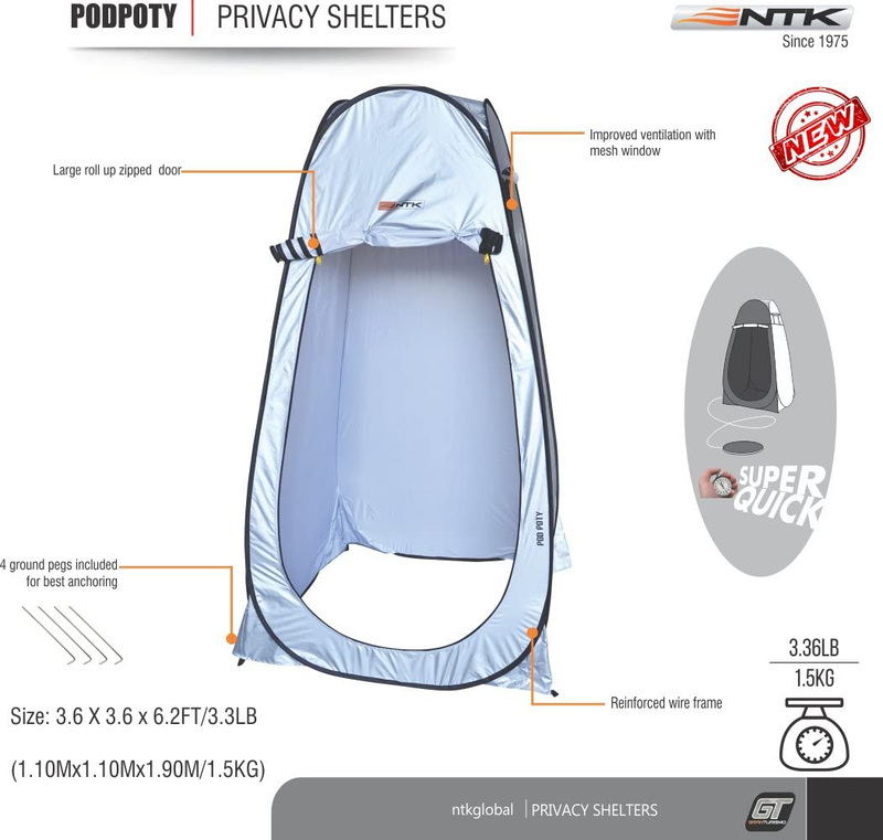 NTK Pod Poty 3.6X3.6 Ft Portable Pop up Privacy Shelter Dressing Changing Tent Cabana Window Room, Camping Shower Toilet Tent. Easy Assembly, Durable Fabric Full Coverage Rainfly. Sporting Goods > Outdoor Recreation > Camping & Hiking > Portable Toilets & Showers NTK Silver  