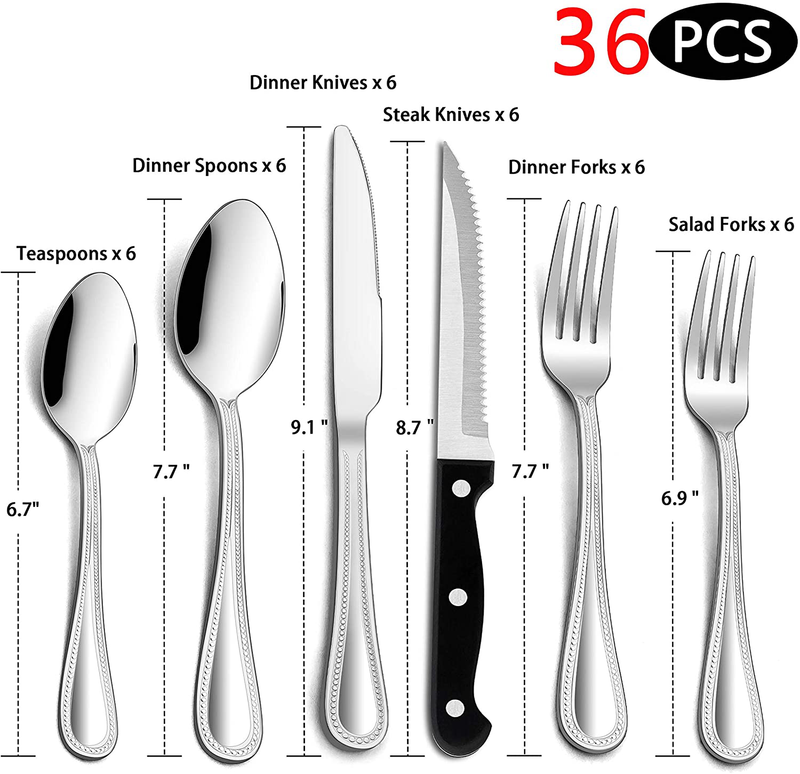 Homikit 36-Piece Silverware Set with Steak Knives and Utensil Tray Organizer, Stainless Steel Flatware Cutlery Eating Utensils for 6, Modern Tableware Sets with Pearled Edges, Dishwasher Safe Home & Garden > Kitchen & Dining > Tableware > Flatware > Flatware Sets Homikit   