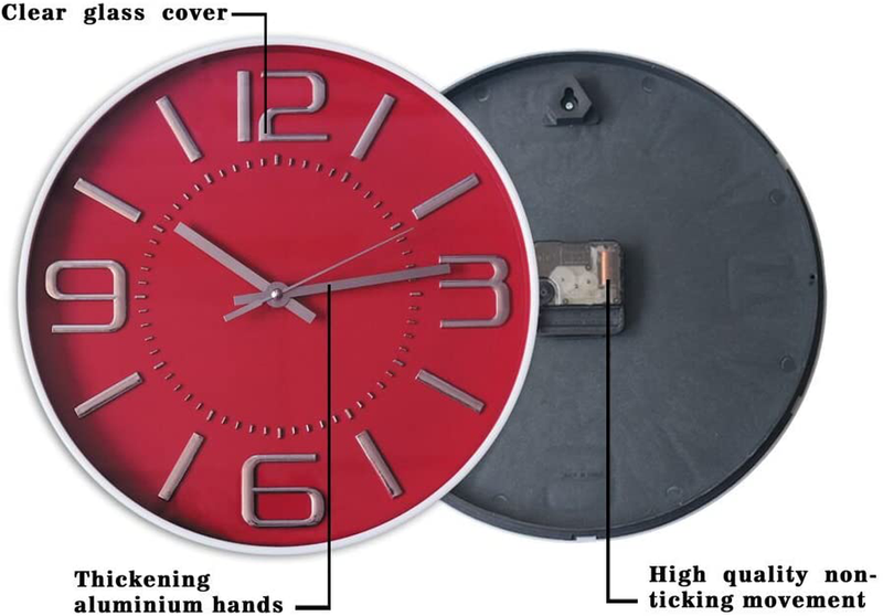 Decor Silent Wall Clock 12 inches 3D Numbers Arabic Red Dial Non-Ticking Decorative Wall Clocks Battery Operated Round Easy to Read for Home/School/Hotel/Office Home & Garden > Decor > Clocks > Wall Clocks SAC   