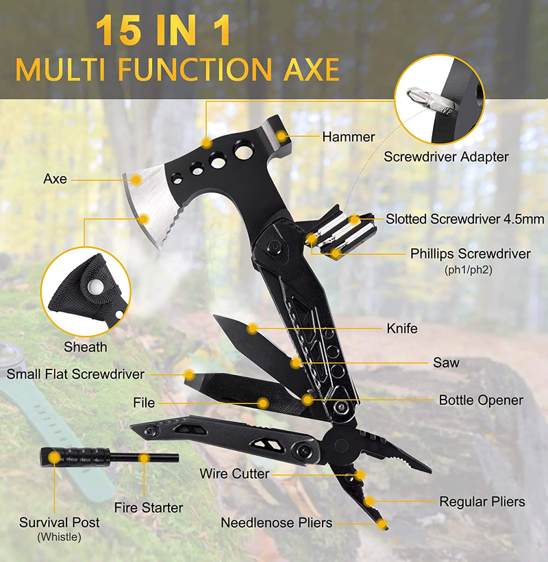 Sdlogal Multitool Camping Accessories 15 in 1 Tool Hatchet with Axe Hammer Saw Screwdrivers Pliers Wirecutter,5-In-1 Paracord Bracelet, Anniversary Birthday Cool Stuff Gifts for Dad Boyfriend Husband Sporting Goods > Outdoor Recreation > Camping & Hiking > Tent Accessories sdlogal   