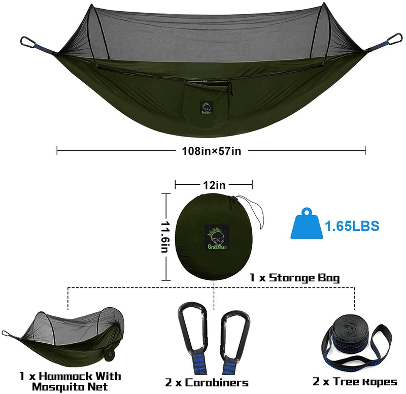 Grassman Pop-Up Camping Hammock with Mosquito Net, Portable Anti-Rip Nylon 9X4.6Ft Bug Net Hammock, Easy Assembly Carabiners, for Camping, Backpacking, Travel, Hiking