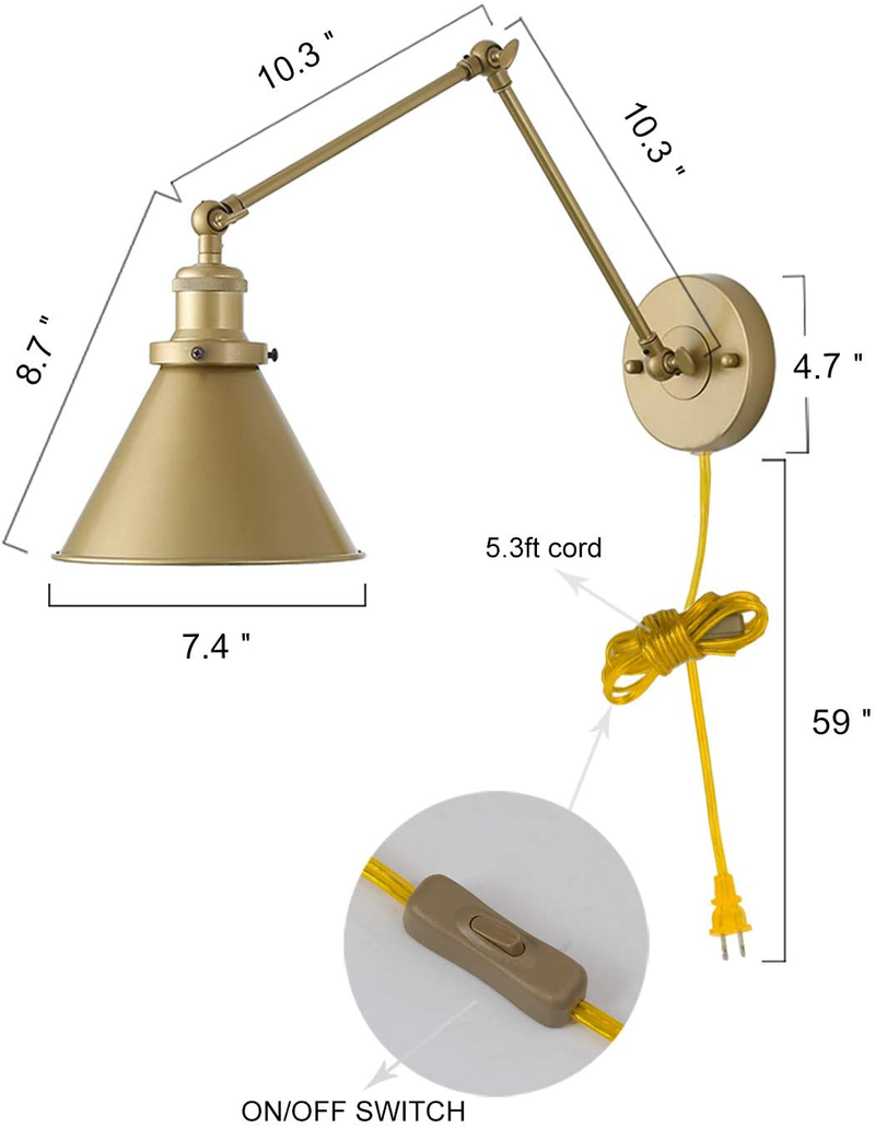 LNC Swing Arm Wall Sconce Lighting Adjustable Gold Plug-In Lamp,1 Pack