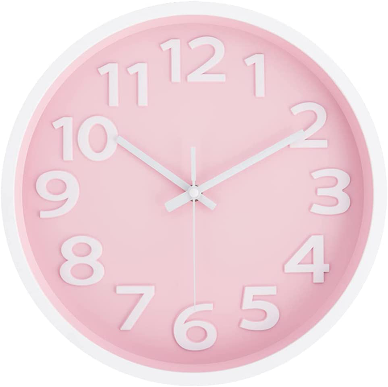 Rysunle 12 Inch Modern Wall Clock, Silent Non-Ticking Battery Operated Quartz Decorative Wall Clocks for Living Room Office Kitchen Bedroom, 3D Numbers Display Easy to Read. (Pink) Home & Garden > Decor > Clocks > Wall Clocks Rysunle Pink  