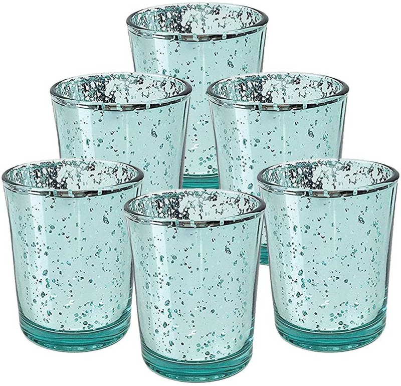 Just Artifacts Mercury Glass Votive Candle Holder 2.75" H (6pcs, Speckled Silver) -Mercury Glass Votive Tealight Candle Holders for Weddings, Parties and Home Decor Home & Garden > Decor > Home Fragrance Accessories > Candle Holders Just Artifacts Aquamarine  