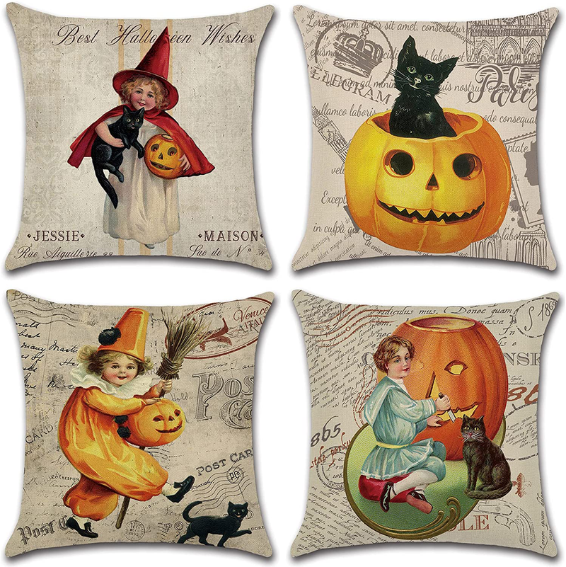 Halloween Throw Pillow Covers 18x18 Set of 4, Vintage Halloween Decor Pumpkin Cat Halloween Pillows Decorative Throw Pillows Farmhouse Pillow Cases for Couch Sofa Arts & Entertainment > Party & Celebration > Party Supplies BUBL Default Title  