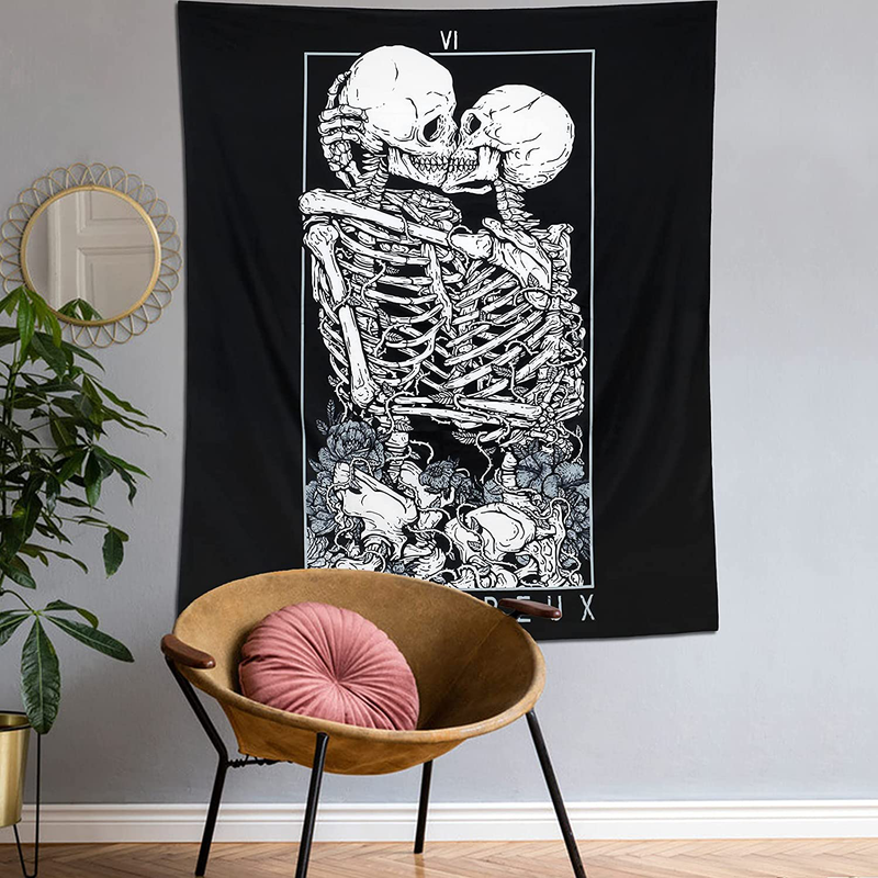 LOMOHOO Skull Tapestry Kissing Lover Black and White Tarot Skeleton Flower Tapestry Wall Hanging Beach Blanket Romantic Bedroom Dorm Home Decor (M:130x150cm/51"x59")