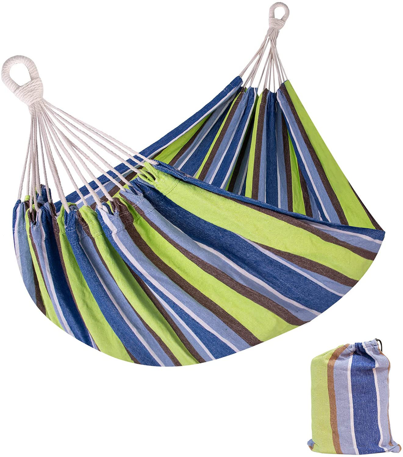 TDP-N5 Double Cotton Hammock with Hanging 2 Person Fabric Hammock Up to 450 lbs Portable Hammock with Travel Bag,Perfect for Camping Outdoor/Indoor Patio Backyard (Denim with Charcoal Frame) Home & Garden > Lawn & Garden > Outdoor Living > Hammocks TDP-N5 Blue Green Stripe  