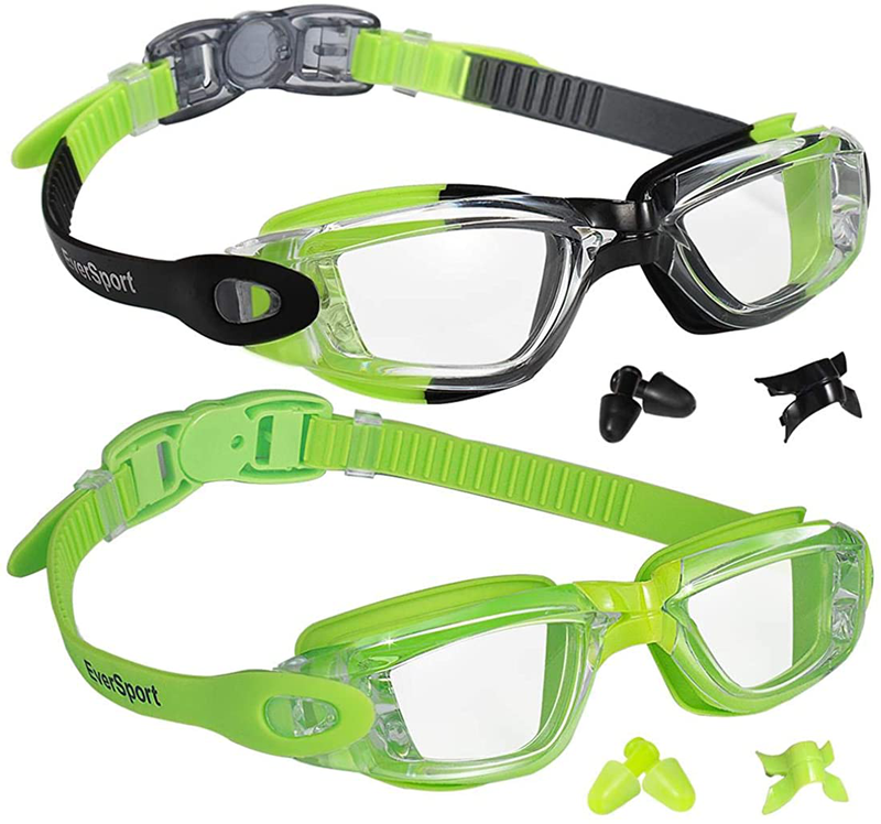 Kids Swim Goggles, Pack of 2 Swimming Goggles for Children Teens, Anti-Fog Anti-UV Youth Swim Glasses Leak Proof for Age4-16 Sporting Goods > Outdoor Recreation > Boating & Water Sports > Swimming > Swim Goggles & Masks EverSport Green/Black & Green  